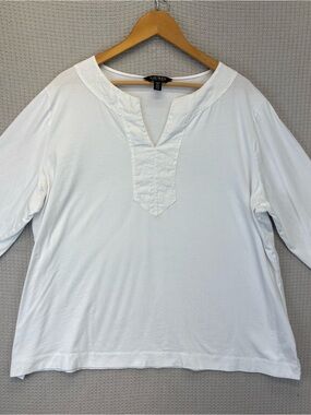 Lauren Ralph Lauren Black Label White Tunic Top 3/4 Sleeve V Neck 100% Cotton 3X